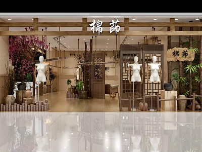 Natural Style Clothing Store Interior with Wooden Decor Mannequins and Green Plants 3d model