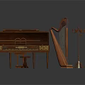 Vintage Decorative Home Living Items With Harpsichord Harp Candelabra And Stool