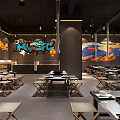 Industrial Style Restaurant Interior With Graffiti Walls Wooden Tables And Stools