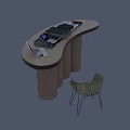 Oval Shaped Functional Desk With Mixer Turntable Papers And Cylindrical Wooden Legs