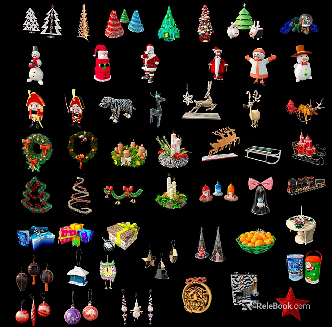 Christmas Decorative Ornament Set With Santa Snowman Reindeer Tree And Gift Boxes 3d model 