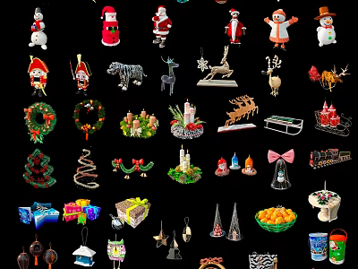 Christmas Decorative Ornament Set With Santa Snowman Reindeer Tree And Gift Boxes 3d model