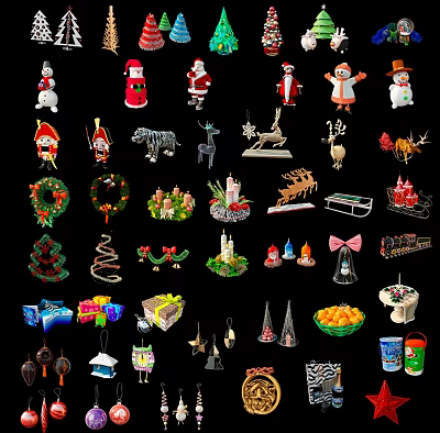 Christmas Decorative Ornament Set With Santa Snowman Reindeer Tree And Gift Boxes 3d model