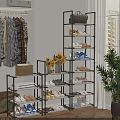 Stylish Multi Tiered Shoe Rack With Various Shoes Sunflower Bouquet And Clothes