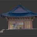 Traditional Chinese Architecture With Blue Tiled Roof Red Wooden Columns Classic Eaves And Steps