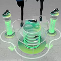 Fashion Store With Mannequins In Blue Blazer Pink Hoodie And Shoes On Green Illuminated Stands