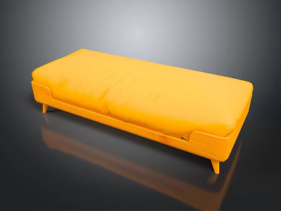 Modern Yellow Upholstered Ottoman With Wooden Frame On Reflective Surface 3d model