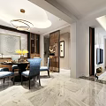 Modern Elegant Dining And Living Space With Marble Floor Round Dining Table And Stylish Chandelier