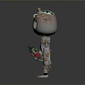 Cartoon Style Metallic Robot With Green Eyes Holding Green Bottle And Mechanical Structure