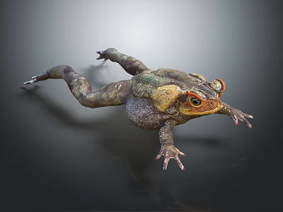 3D Model of a Brown and Yellow Toad with Red Eyes Crawling on Dark Surface 3d model
