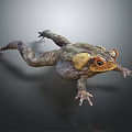 3D Model of a Brown and Yellow Toad with Red Eyes Crawling on Dark Surface