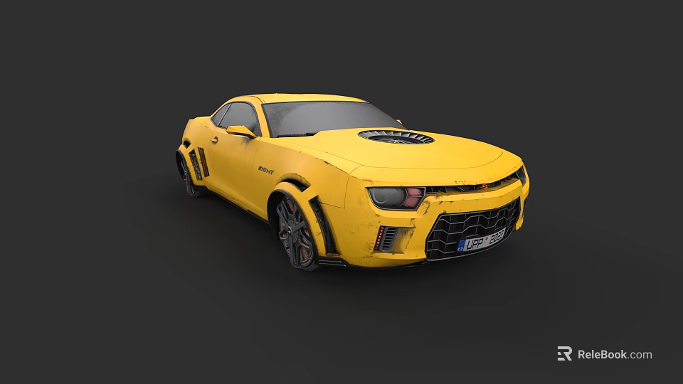 Yellow Two Door Sports Car With Black Accents And Hood Vent Design 3d model 
