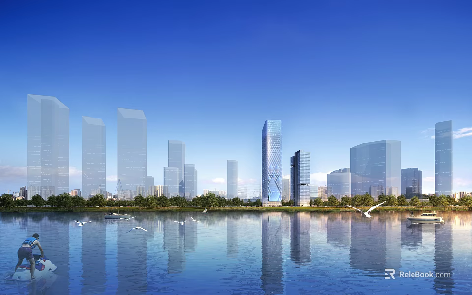 Modern Tall Office Building With Glass Curtain Wall In City Skyline By Reflective Lake 3d model 