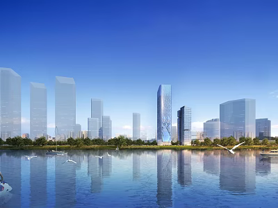 Modern Tall Office Building With Glass Curtain Wall In City Skyline By Reflective Lake 3d model