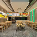 Modern Casual Restaurant Interior With Wooden Tables Chairs Green Walls And Ceiling Lights