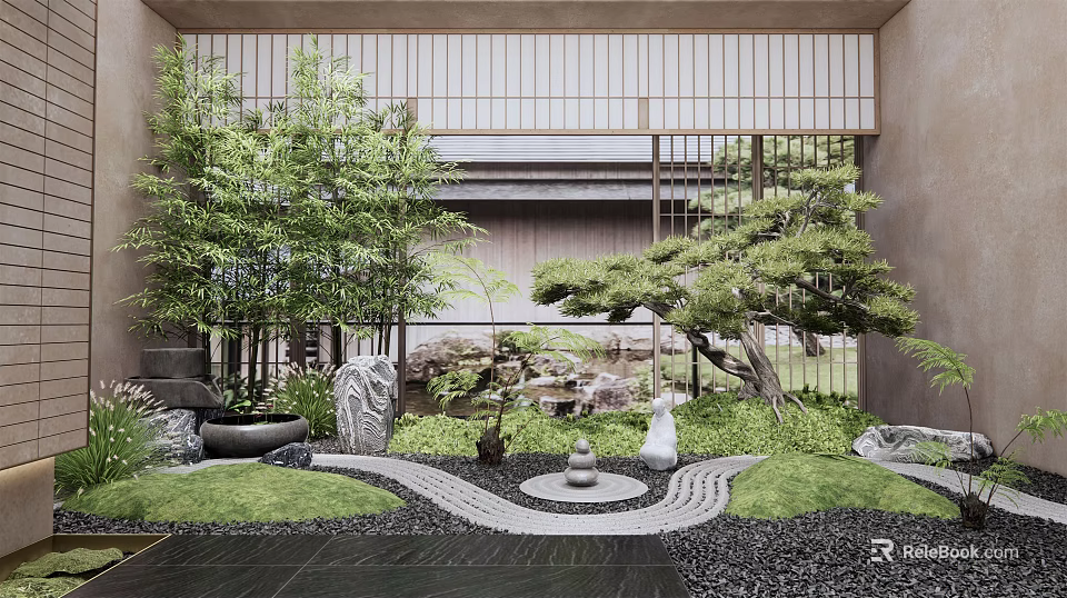 Japanese Zen Rock Garden With Bamboo Stones Raked Sand And Bonsai Tree 3d model 