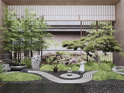 Japanese Zen Rock Garden With Bamboo Stones Raked Sand And Bonsai Tree 3d model