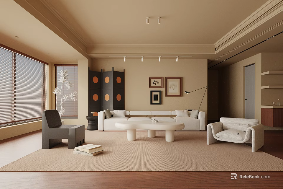Modern Living Room Interior With White Sofa Gray Armchair Round Coffee Tables And Wooden Floor 3d model 