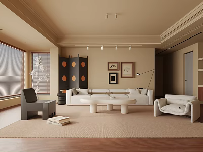 Modern Living Room Interior With White Sofa Gray Armchair Round Coffee Tables And Wooden Floor 3d model