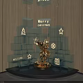 Christmas Decor Display With Golden Statue Transparent Tiers Wooden Wall And Welcome Signs