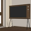 Vintage Wooden Television on Stand with Black Thin Legs near Window and Curtain
