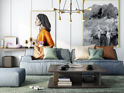 Modern Gray Sofa And Coffee Table Set With Colorful Pillows Books Decorations And Wall Art 3d model