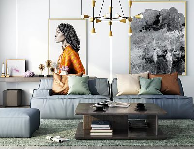 Modern Gray Sofa And Coffee Table Set With Colorful Pillows Books Decorations And Wall Art 3d model