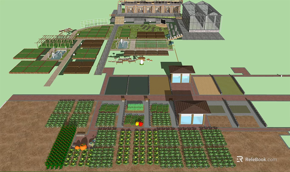 Garden Landscape Design with Organized Vegetable Plots Greenhouse Pathways and Small Cottages 3d model 