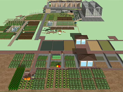 Garden Landscape Design with Organized Vegetable Plots Greenhouse Pathways and Small Cottages 3d model