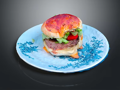 Juicy Hamburger With Beef Patty Fresh Lettuce Red Tomato Melted Cheese On Blue Floral Plate 3d model