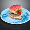 Juicy Hamburger With Beef Patty Fresh Lettuce Red Tomato Melted Cheese On Blue Floral Plate