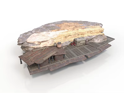 Rustic Wooden Platform Hut On Multi Layered Natural Rock Structure 3d model