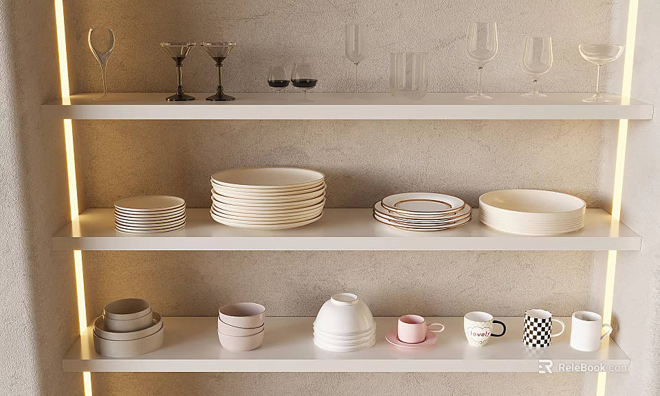 Different Types Of Cups On White Shelves With Stacked Plates And Bowls 3d model 