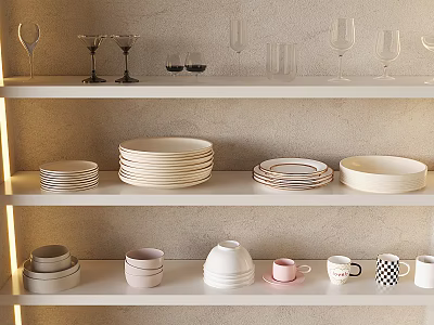Different Types Of Cups On White Shelves With Stacked Plates And Bowls 3d model