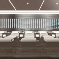 Luxurious SPA Sauna Room With White Lounge Chairs Dark Vertical Striped Background And Recessed Lighting