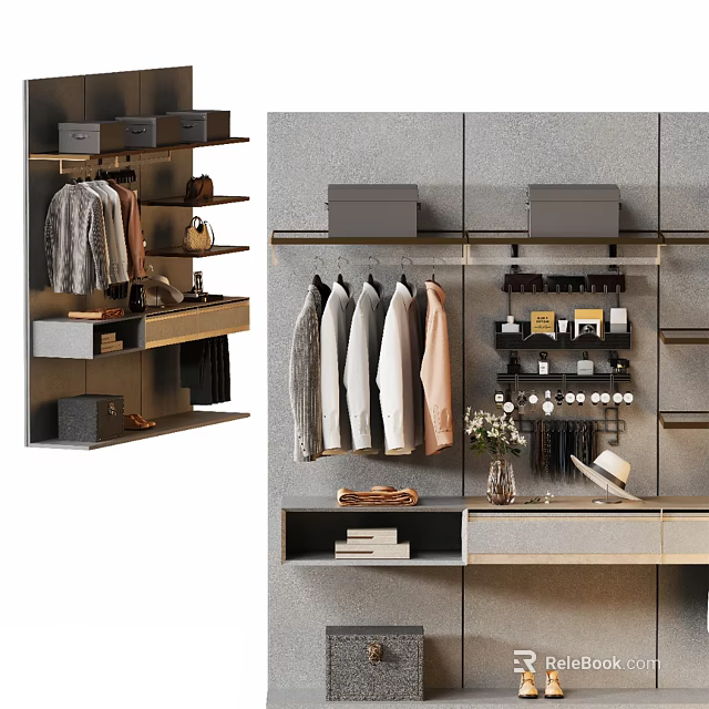 Modern Wardrobe Interior Design With Hanging Clothes Storage Boxes And Decorative Shelf 3d model 