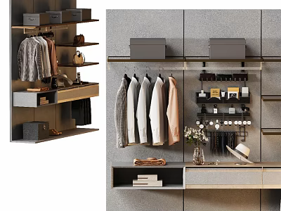 Modern Wardrobe Interior Design With Hanging Clothes Storage Boxes And Decorative Shelf 3d model
