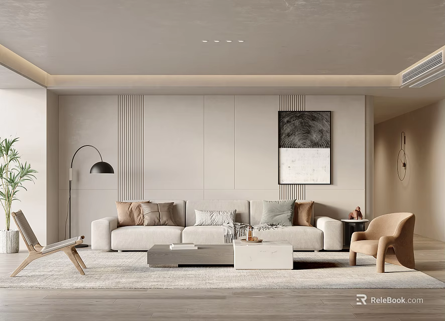 Modern Living Room Interior With Beige Sofa Armchairs Coffee Table Floor Lamp And Decorative Art 3d model 