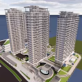Modern High Rise Residential Towers With Waterfront View Green Spaces And Parking Area