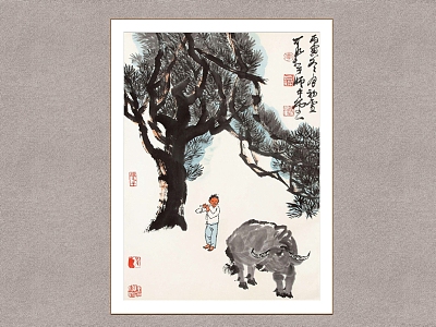 Chinese Decorative Painting Cattle Li Keran Shepherd Boy Figure model