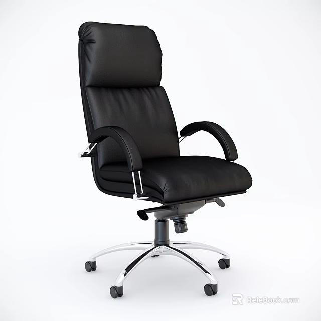 Comfortable Black Leather Office Chair With Armrests Silver Base And Rolling Wheels 3d model
