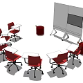 Red Office Chairs Arranged Around Whiteboard And Tables In Meeting Room Setup