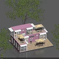 Pink Container House Design With Terrace Sunshades Surrounding Green Trees Outdoor Space
