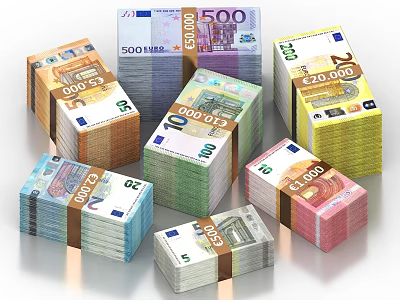 Stacks of Euro Banknotes With Various Denominations And Colorful Cash 3d model