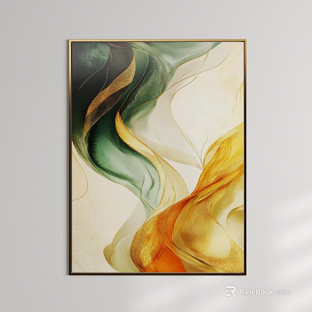Abstract Painting With Flowing Green Gold Orange Wavy Lines On Beige Canvas Artwork 3d model 