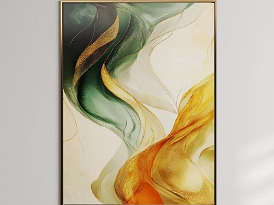 Abstract Painting With Flowing Green Gold Orange Wavy Lines On Beige Canvas Artwork 3d model