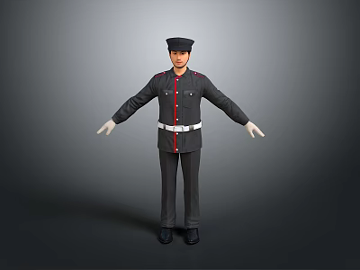 Male Character in Dark Uniform With Red Accents White Belt Gloves and Cap Standing Pose 3d model