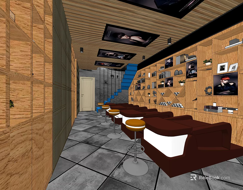 SPA Sauna Interior With Wooden Walls Sofas Bar Stools Staircase And Decorative Paintings 3d model 