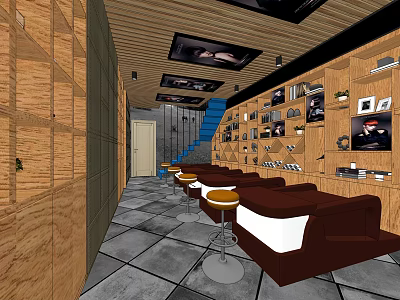 SPA Sauna Interior With Wooden Walls Sofas Bar Stools Staircase And Decorative Paintings 3d model