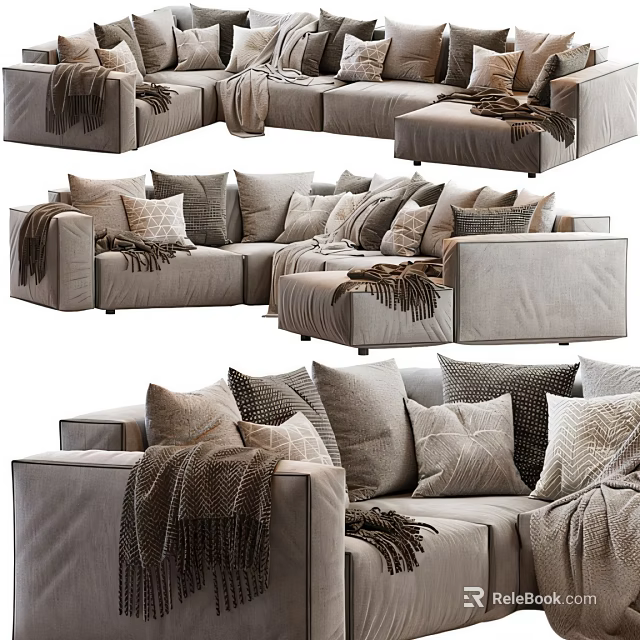 Sectional Sofa With Plush Pillows And Cozy Blankets For Living Room 3d model 